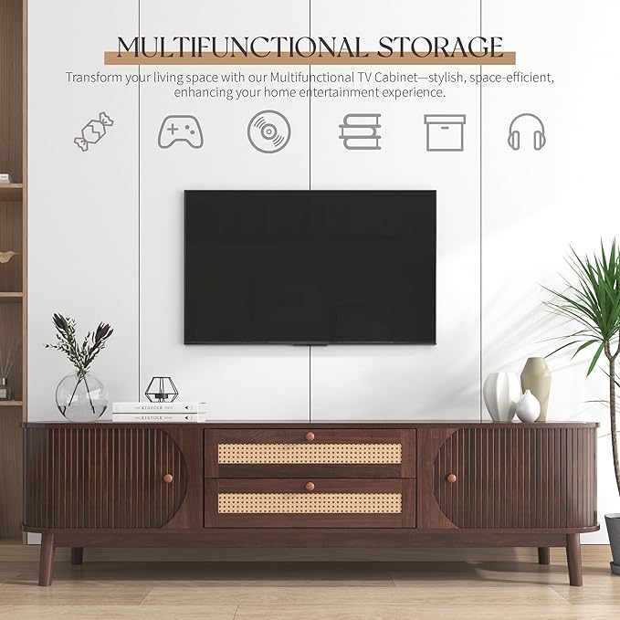 Mid Century Modern TV Stand for TVs up to 75”, Fluted Entertainment Center, Media Console with Tambour Sliding Doors and Rattan-Style Drawers, Walnut Finish Media Console for Living Room