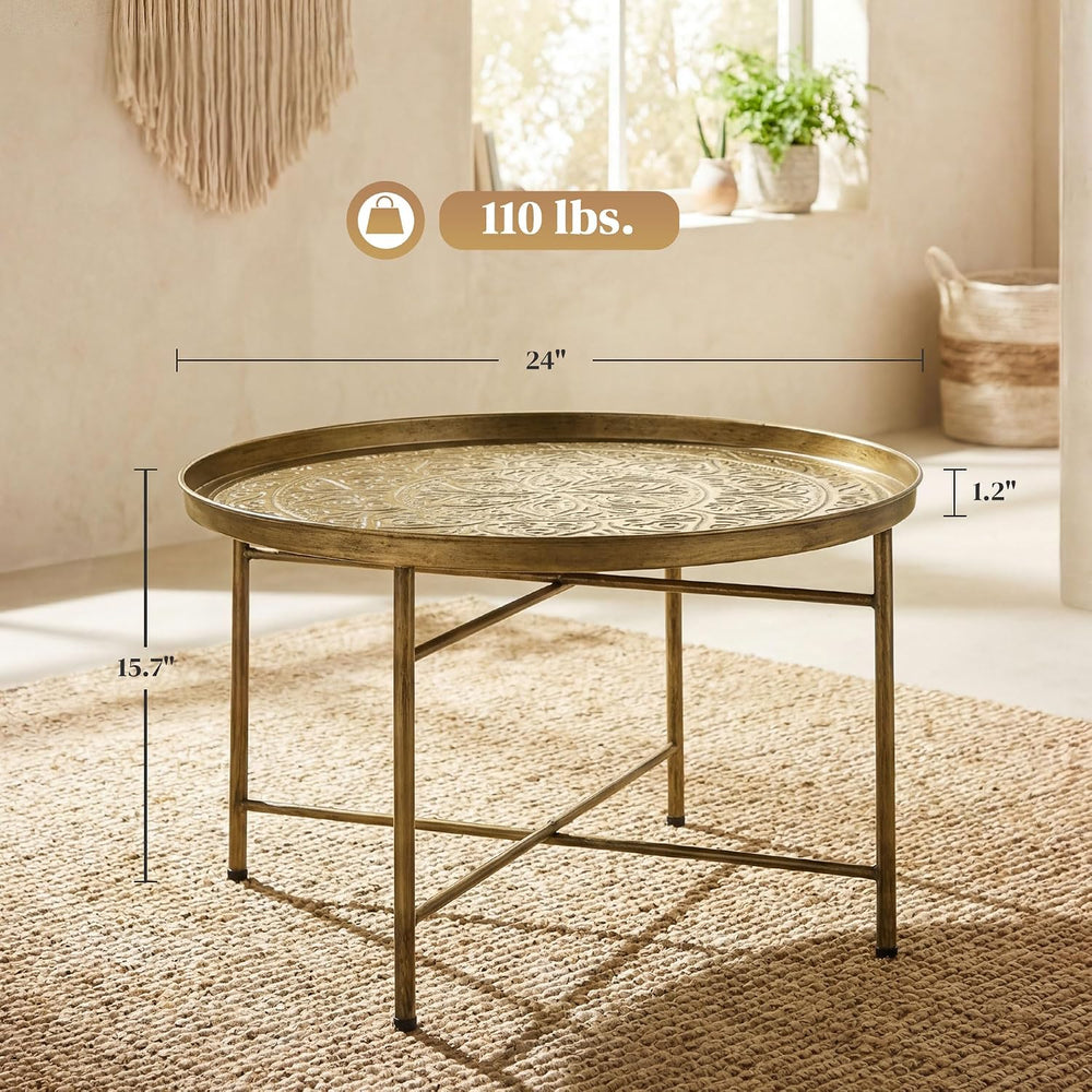 24-Inch Round Coffee Table with Hammered Tray Top and Metal Frame, Gold | Ham...