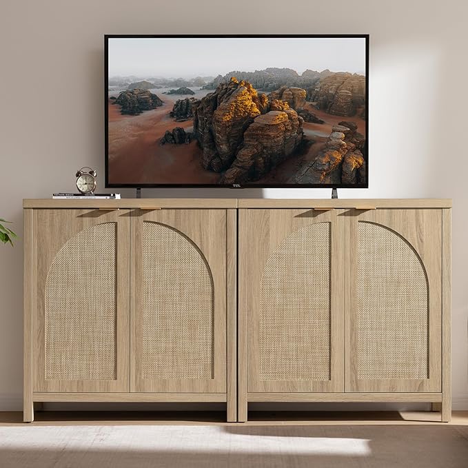 SICOTAS 68" W Rattan Sideboard Buffet Cabinet with Storage Set of 2, Mid Century Modern Credenza with Arch Doors & Shelves Boho Coffee Bar Media Console Cabinets for Kitchen, Living Room, Entryway