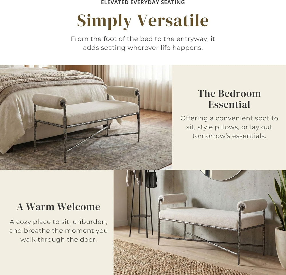 24/7 Shop at Home Lalia Upholstered 48-inch Metal Bench with Padded Roll Arms...