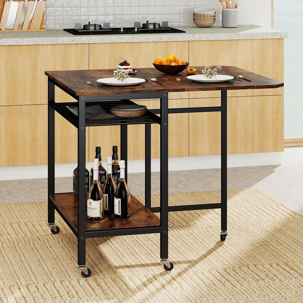 GOFLAME Folding Dining Table, Rolling Kitchen Table with Wine Rack and Storag...