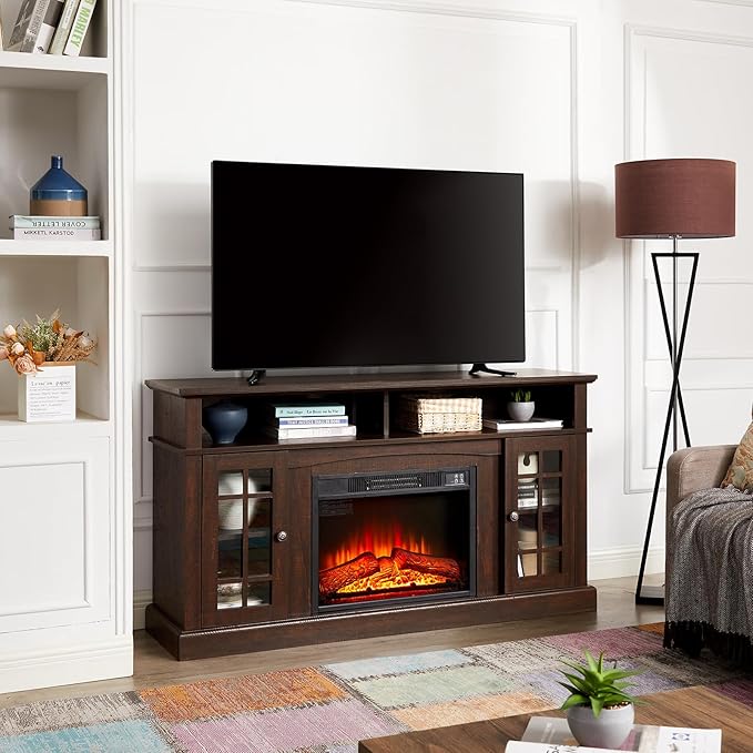 Rustic TV Stand with Electric Fireplace: Tall Wood Entertainment Center Console for 60 Inch TV - Espresso