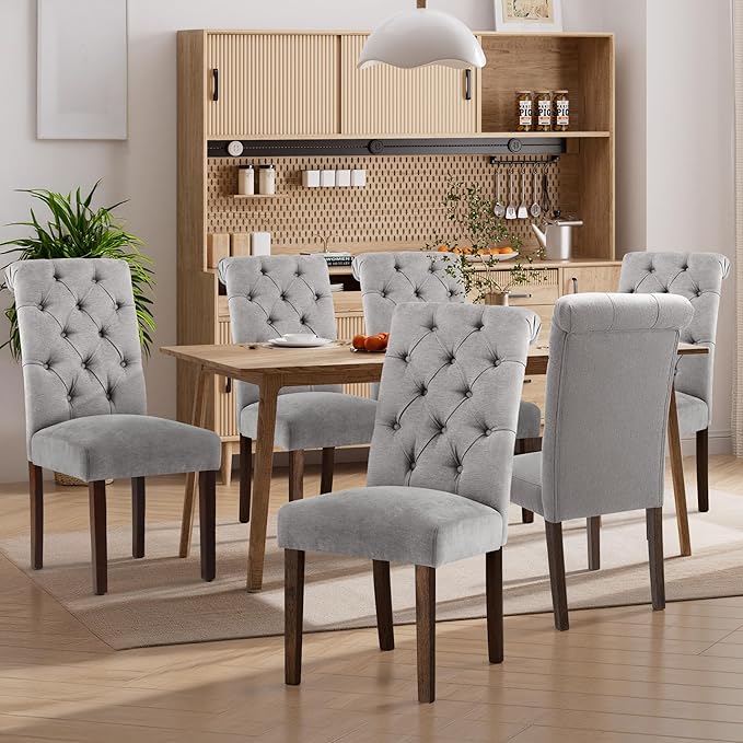 Dining Chairs Set of 6, Button Tufted Parsons Upholstered Chairs with Solid Wood Legs, Mordern Fabric Kitchen Chairs for Dining Room，Light Grey
