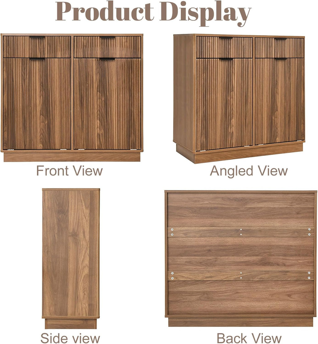 Double Tilt Out Trash Can Cabinet, Laundry Hamper Cabinet with 2 Drawers, Trash Can Holder Cabinet, Wave-Textured Front, 2 × 10 Gallon, Walnut