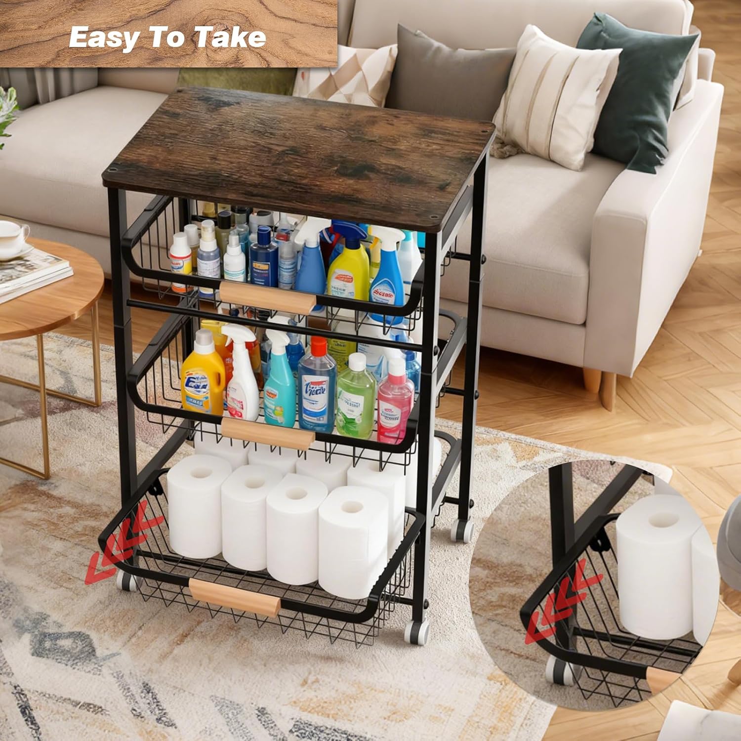 5-Tier Utility Kitchen Cart Storage with Pull-Out Baskets and Wood Top,Heavy Duty Multi Rolling Pantry Kitchen Cart on Wheels for Fruit Potato Onion Vegetable Snack Produce,Black