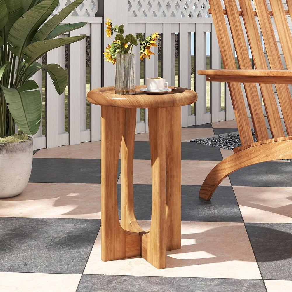 Tangkula Round Side Table, 14” Mahogany Accent Table with Tray Top & Soli...