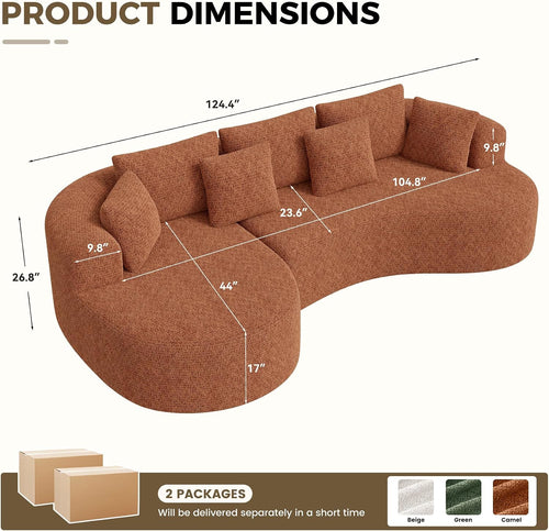 126" Oversized Curved Sectional Sofa for Living Room, Boneless Modern Couch with Chaise, Cloud Couch with 7 Pillows, No Assembly, Caramel 1PCS