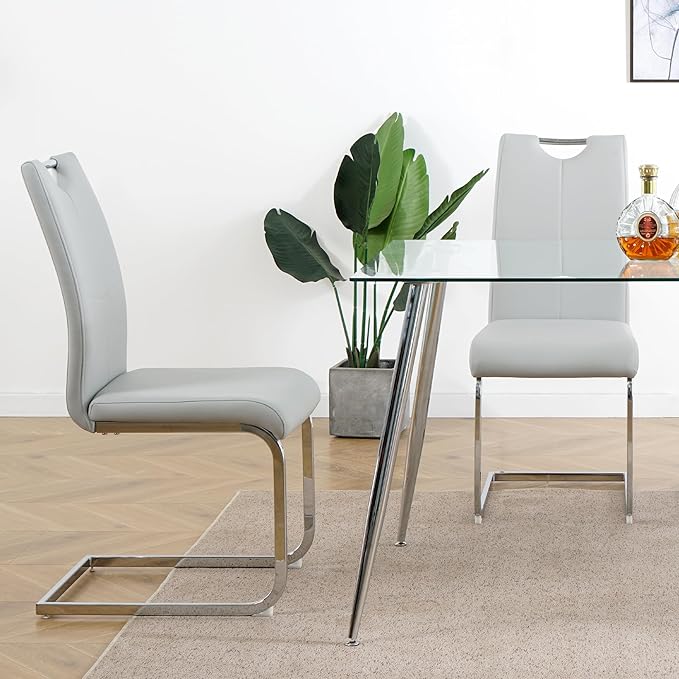 Goujxcy Dining Chairs Set of 2, Modern High Back Kitchen Chairs with Metal Legs and Faux Leather Padded Seat Upholstered Dining Chairs for Dining & Kitchen,Living Room (Light Gray&Silver, Set of 2)