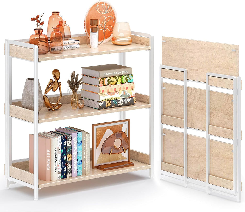 4NM Extra Wdie No Assembly Folding Bookshelf, 34" H x 30.9" W, 3 Tier Collapsible Book Shelf Bookcase Foldable Shelves for Bedroom Living Room Home Office - Cloud Oak & White