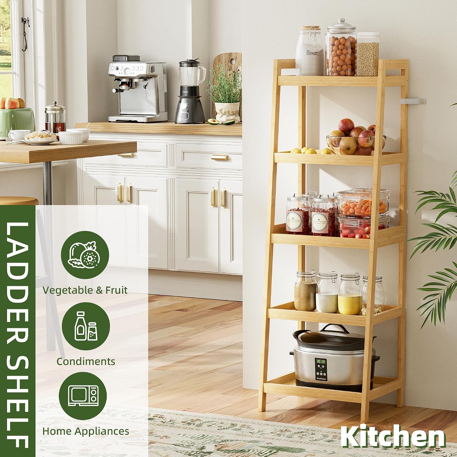 Bookshelf, 5 Tier Ladder Bookcase with Bamboo Frame, Freestanding Tall Narrow Display Plant Shelf for Living Room, Kitchen, Bedroom, Balcony, Natural