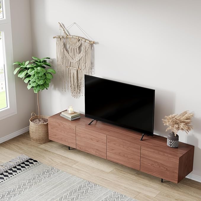 Mid Century Modern TV Stand – 86.6" Walnut Console for 65–85 Inch TVs, 4 Cabinet Doors with 6 Storage Compartments & Cable Management, Stylish Living Room Media Center(Walnut, 86.6")