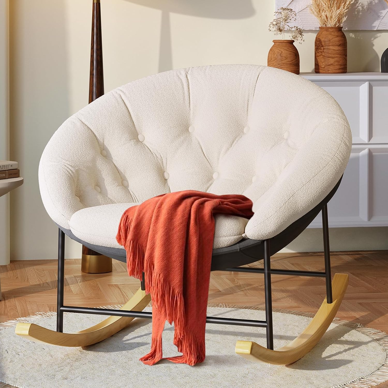 Kidirect Wide Rocking Chair Nursery, Comfy Saucer Nursery Rocking Chairs with Removable Cushion, Indoor Papasan Nursing Chair for Breastfeeding, Mecedora Para Adultos for Living Room & Bedroom (Cream) | Comfy Saucer, Removable Cushion, Indoor Papasan