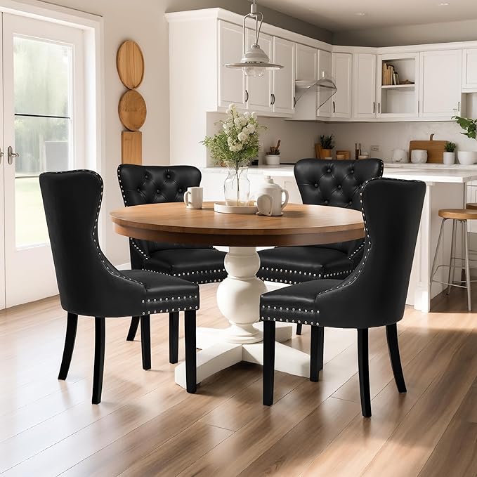 SyMax Dining Chairs Set of 4, Faux Leather Parson Dining Room Chairs, High-End Tufted Kitchen Side Chairs for Bedroom, Living Room, Black