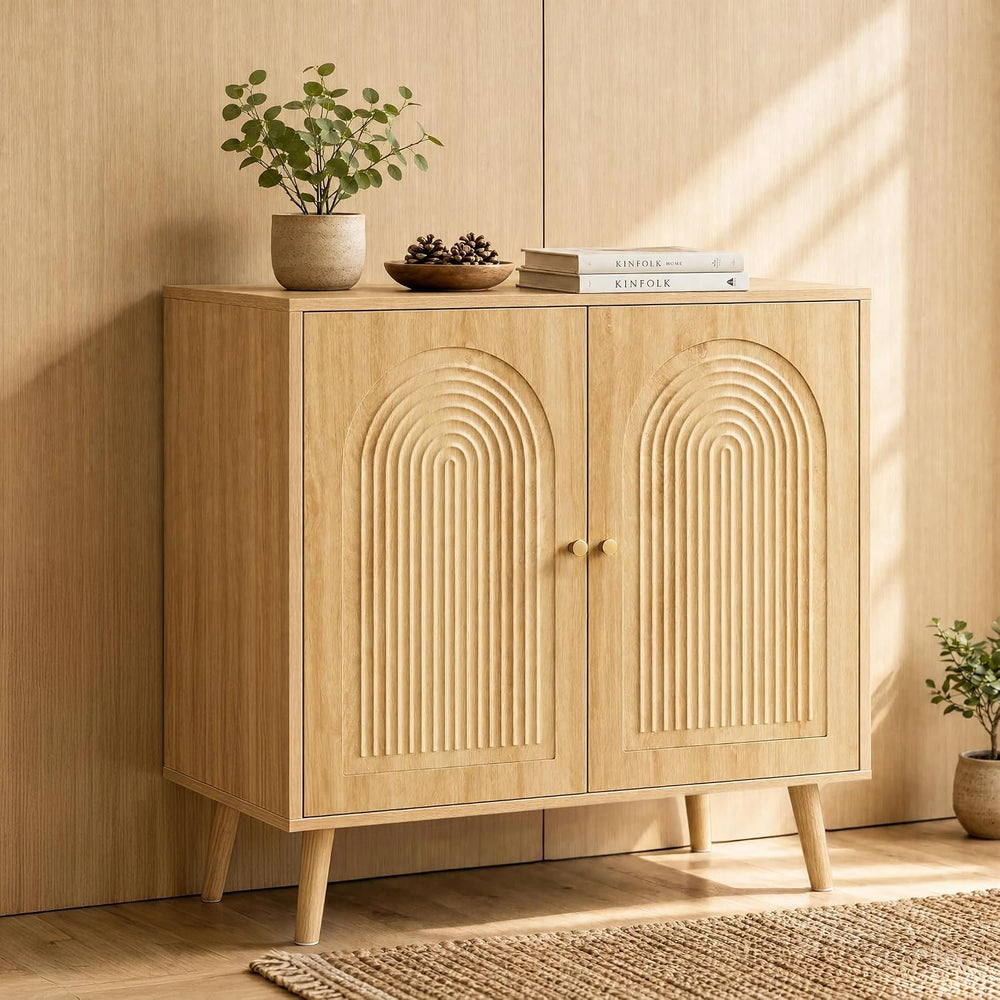 31.5" Accent Storage Cabinet, Arched Fluted 2-Door Sideboard (Natural)