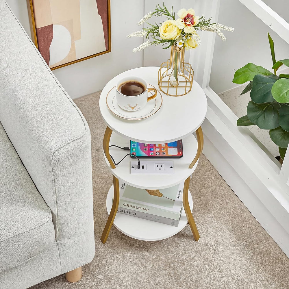 Small Round Side Table with Charging Station, 3-Tier Waist Circular End Table...