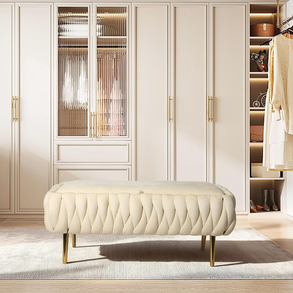 End of Bed Bedroom Storage Bench Upholstered, Hand-Woven Storage Ottoman Benc...