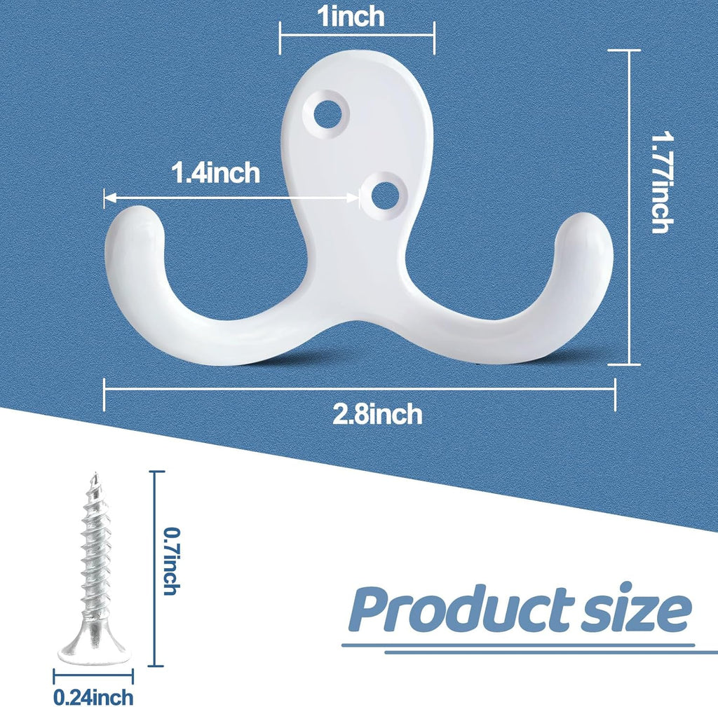 25 Pack Coat Hooks Wall Hooks for Hanging, Heavy Duty Double Prong Metal Hook Wall Mounted for Living Room, Bathroom, Kitchen, Bedroom for Coat, Bag, Scarf, Towel, Hat, Key, Cup (White)
