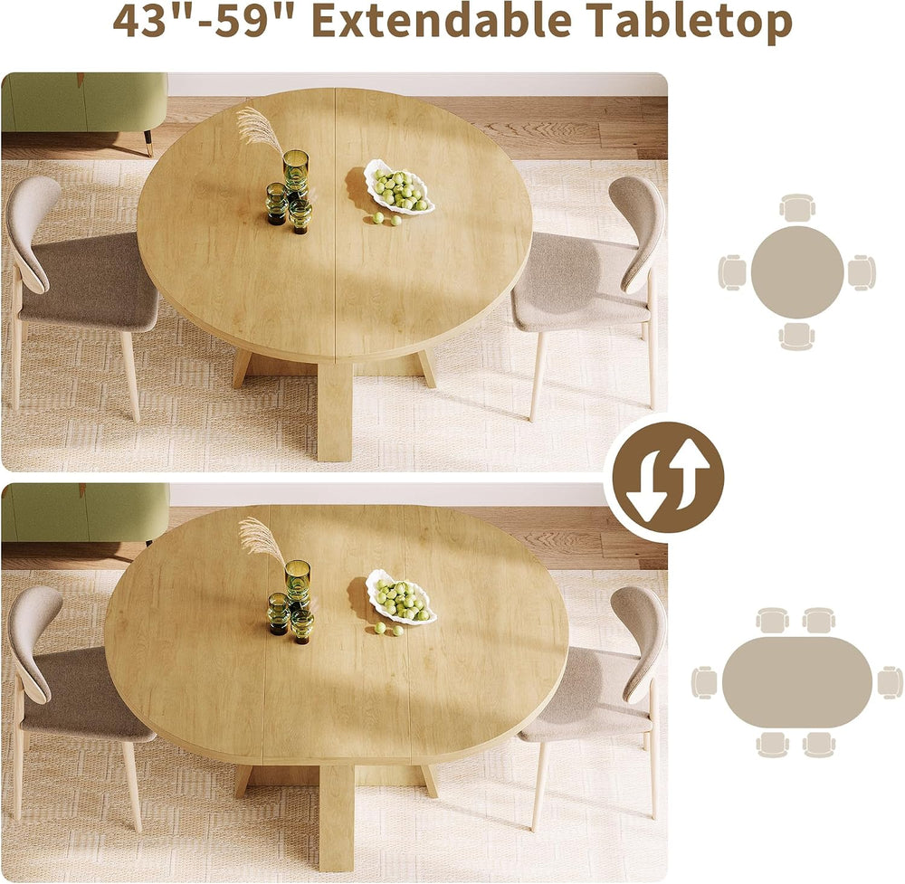 iPormis 43.3in-59in Extendable Round Dining Table for 4-6, Modern Wooden Kitc...