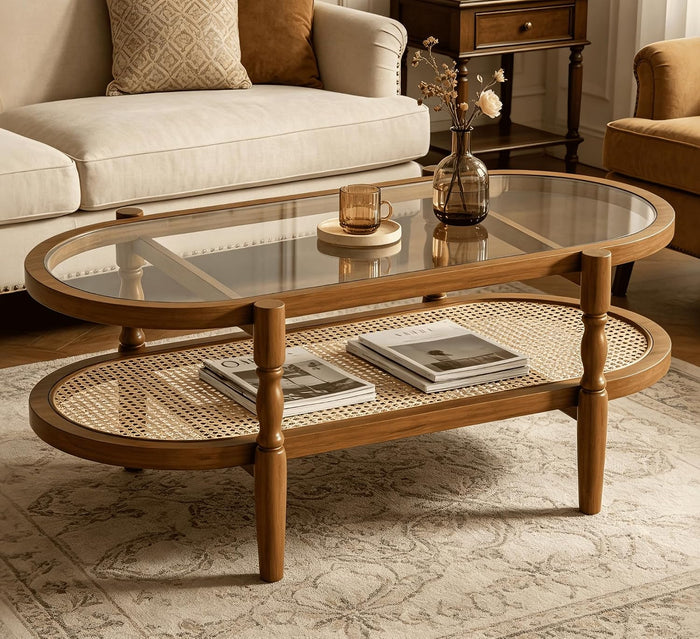 Rattan Coffee Table for Living Room, Oval Wood Glass Table, Brown, 40 inch