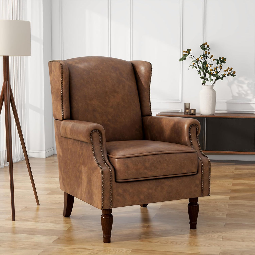 High Back Accent Chair, Faux Leather Wingback Chair Upholstered Armchair for Living Room, Retro Comfy Single Sofa Bedroom Reading Seat with Solid Wood Legs - Brown