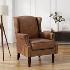 High Back Accent Chair, Faux Leather Wingback Chair Upholstered Armchair for Living Room, Retro Comfy Single Sofa Bedroom Reading Seat with Solid Wood Legs - Brown