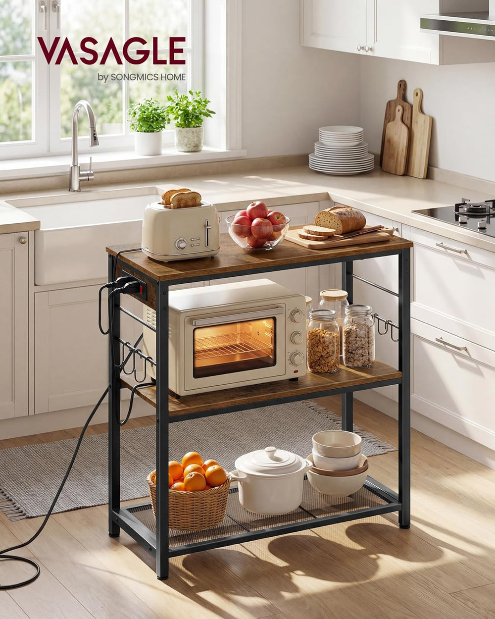 VASAGLE Kitchen Island with Power Strip, Microwave Oven Stand, Kitchen Shelf,...