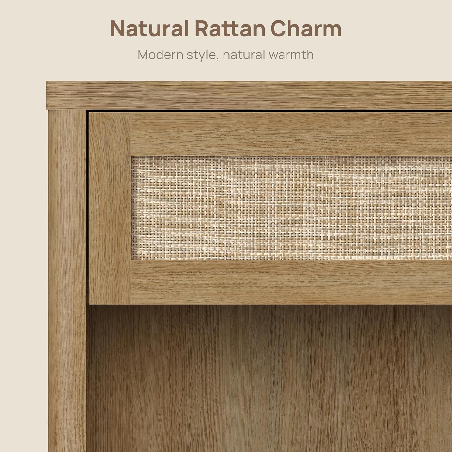 SICOTAS Night Stand 26" Wide Large Nightstands with Drawer & Shelf Storage Rattan Bedside Table Boho End Table Tall Bed Side Tables Night Stands for Bedroom Living Room Sofa Office Dorm, Amber Oak