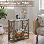 Hadulcet Farmhouse End Tables Living Room Set of 2 - Narrow Side Table with Charging Station, Slim Nightstand for Small Space, Skinny Bedside Table, Sofa Side Table with Storage Shelf, Elegant Gray