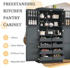 35.5x17.6x70.9inch Freestanding Kitchen Pantry Cabinet, Tall Storage Cabinet with 4 Doors, 2 Door Shelves, 8 Pull-Out Trays and Adjustable Shelf for Dining Room, Gray