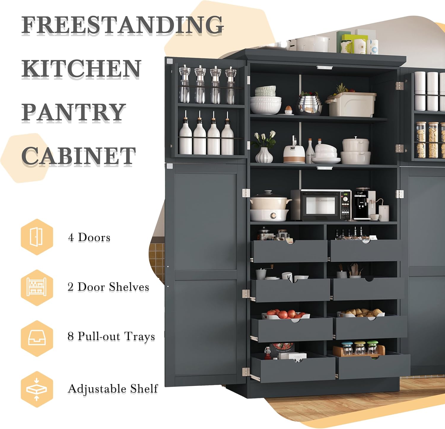 35.5x17.6x70.9inch Freestanding Kitchen Pantry Cabinet, Tall Storage Cabinet with 4 Doors, 2 Door Shelves, 8 Pull-Out Trays and Adjustable Shelf for Dining Room, Gray