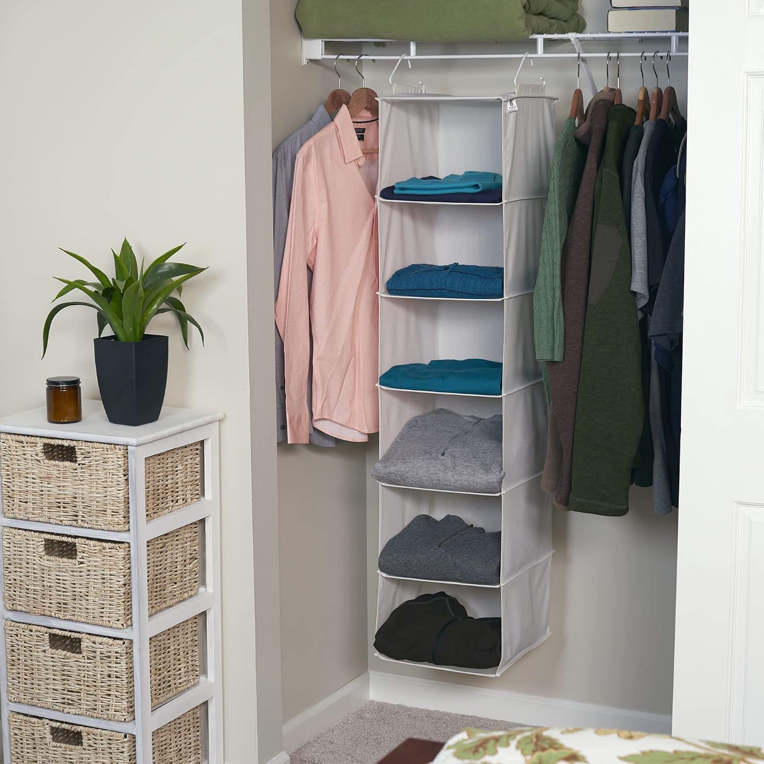 Household Essentials 6‑Shelf Hanging Closet Organizer in Soft Blended Canvas with Durable Plastic Shelving and Dual Wire Hooks, Cream