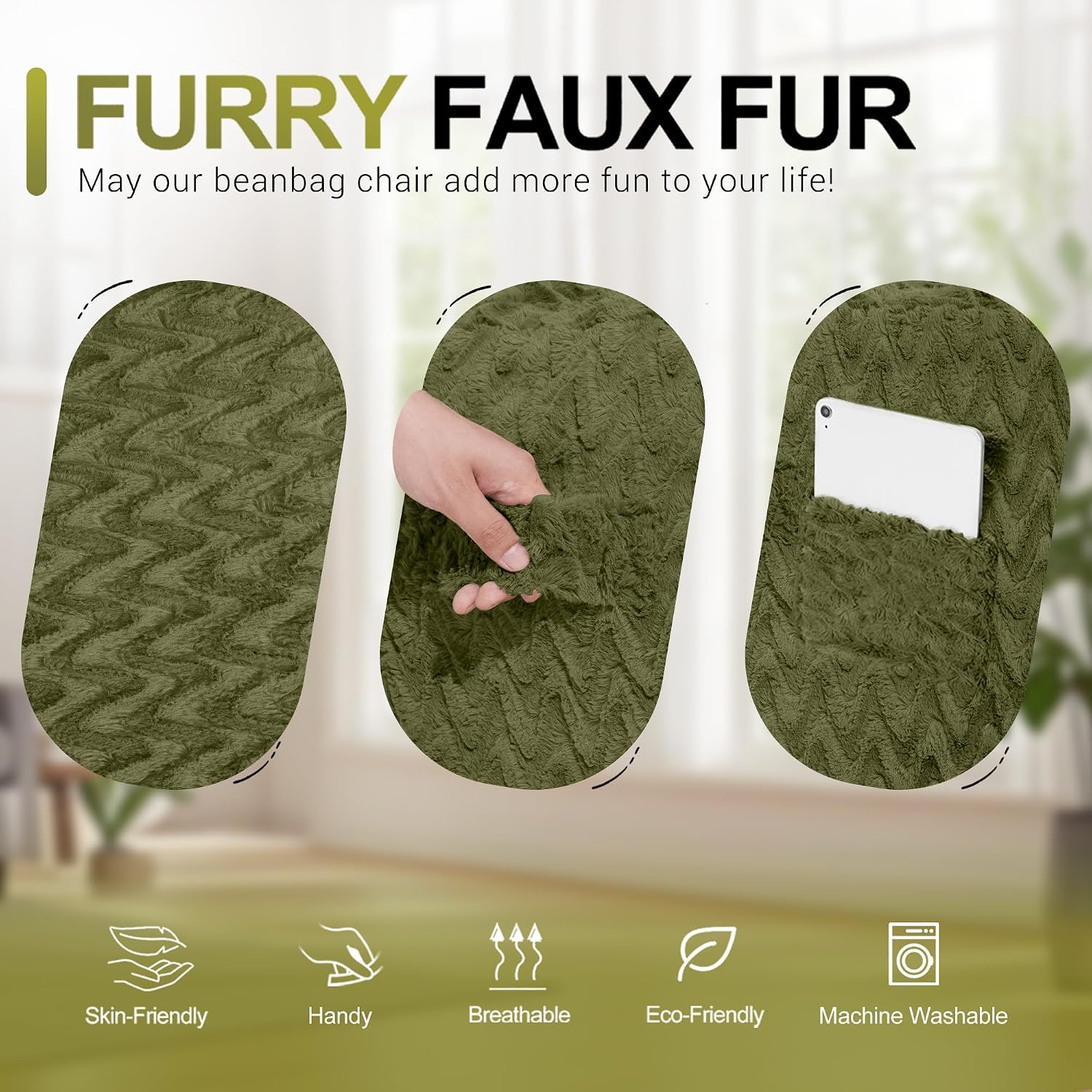 3FT Bean Bag Chair,Giant Bean Bag Chairs for Adults,Big Bean Bags with Memory Foam Filled, Large Beanbag Chairs with Chevron Plush Cover-Green
