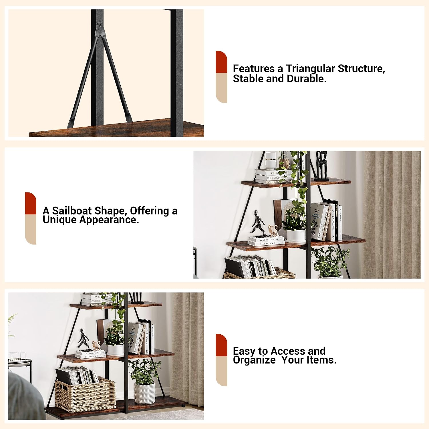 IDEALHOUSE 4-Tier A-Shaped Ladder Bookshelf, Industrial Metal Frame Storage Display Shelf, Tall Ladder Shelving Organizer with Black Iron & Retro Color Board for Living Room, Home Office