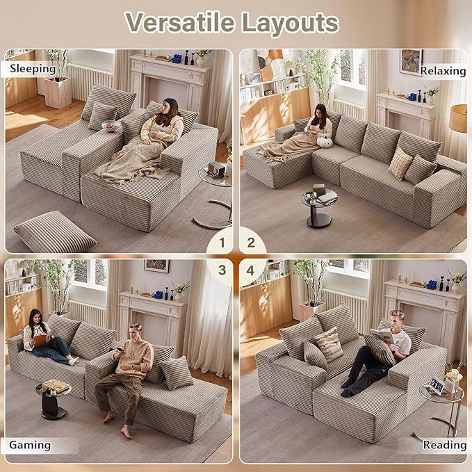 135" Cloud Sectional Couch with L-Shape Chaise, Modern Modular Comfy Sofa with Deep Seat, Upholstered Corduroy Couches Sleeper Chaise Longue for Living Room Bedroom, No Assembly Required, Camel