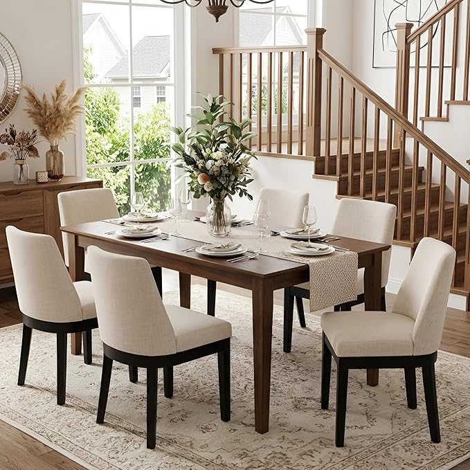 Modern Dining Chairs Set of 4 with Comfortable Back Support, Farmhouse Soft Linen Upholstered Kitchen Dining Room Chairs with Black Solid Wood Legs, Armless Accent Side Chairs for Living Room, Beige