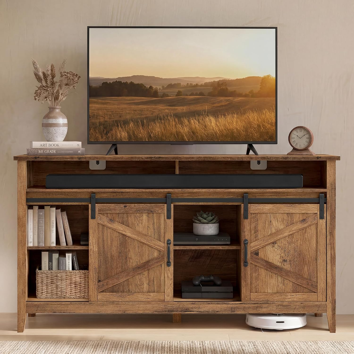 VASAGLE Tall Farmhouse TV Stand, Entertainment Center with Barn Doors, Storage Media Console Cabinet for Living Room, Bedroom, 58.3 x 15.7 x 31.9 Inch, Honey Brown, LIRY Collection ULTV031K101S