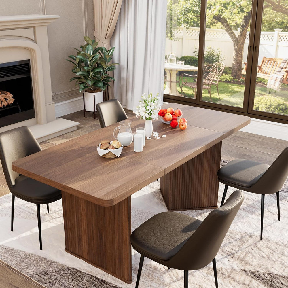71 inch Rectangular Wood Dining Table for 6-8 People, Modern Fluted Pedestal ...