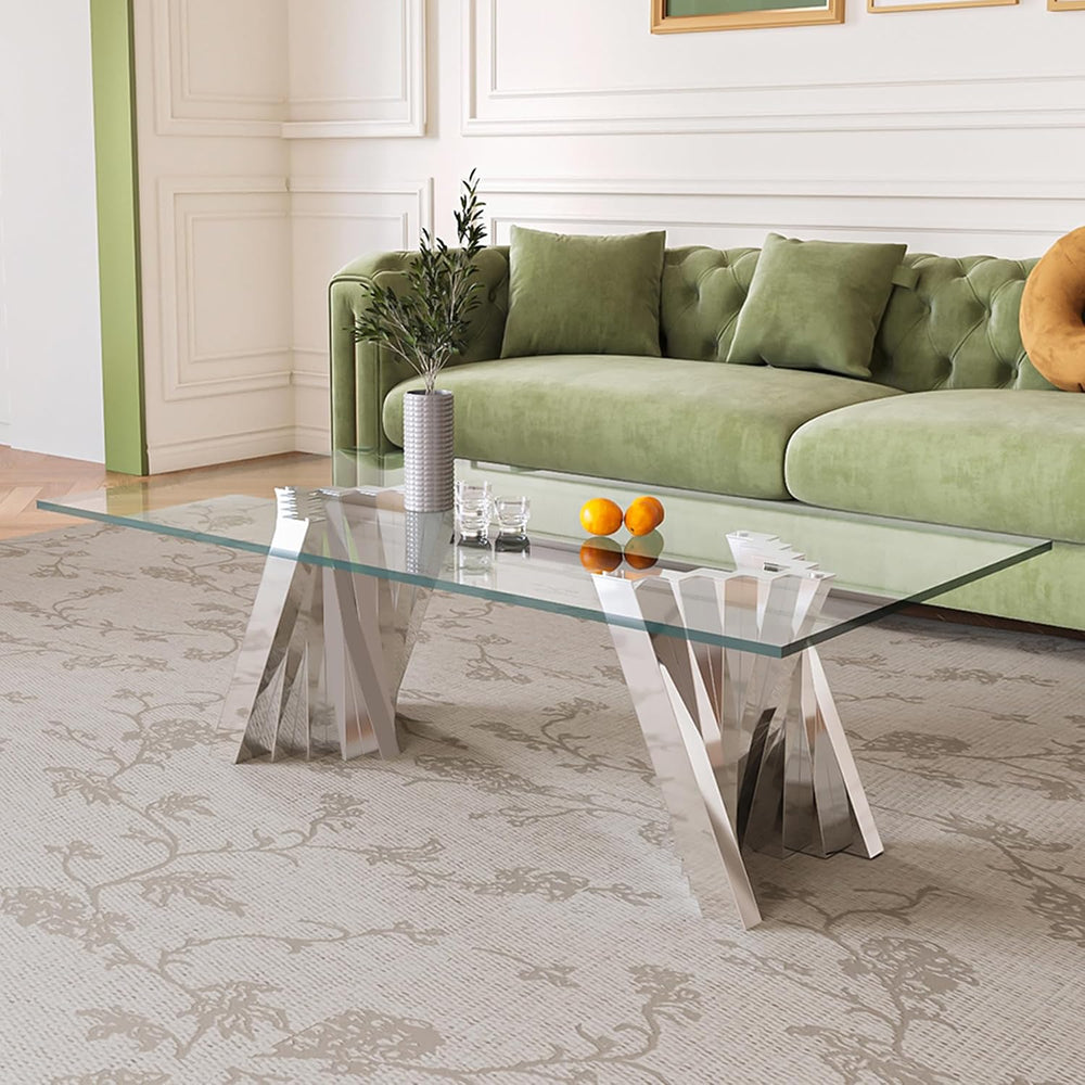 Silver Coffee Table Set of 3, Glass Coffee Table & End Table & Consol...