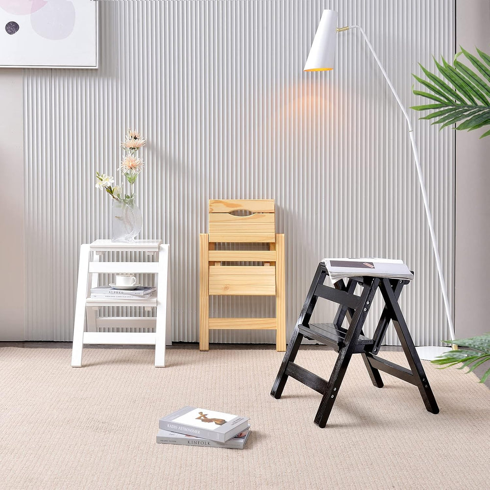 2 Step Folding Step Stool, Wooden Collapsible Closet Step Ladder for Home