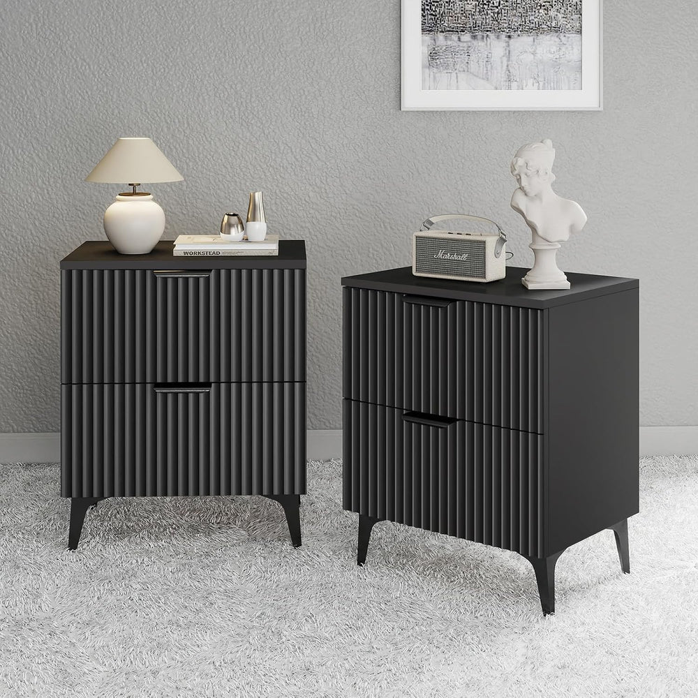 Wood Nightstand Set of 2, Fluted Bedside Tables with 2 Drawers