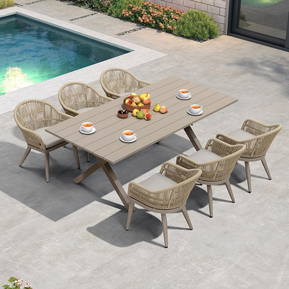 PURPLE LEAF 7 Pieces Outdoor Dining Set with Longer Table, Champagne