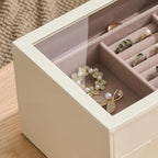 pickpiff Jewelry Box Organizer Case for Women: 4-Layer Jewelry Storage Case with Glass Window, Ivory Leather with Pink Velvet, Holder for Ring Necklace Bracelet Brooch Watch, Great Gift for Her