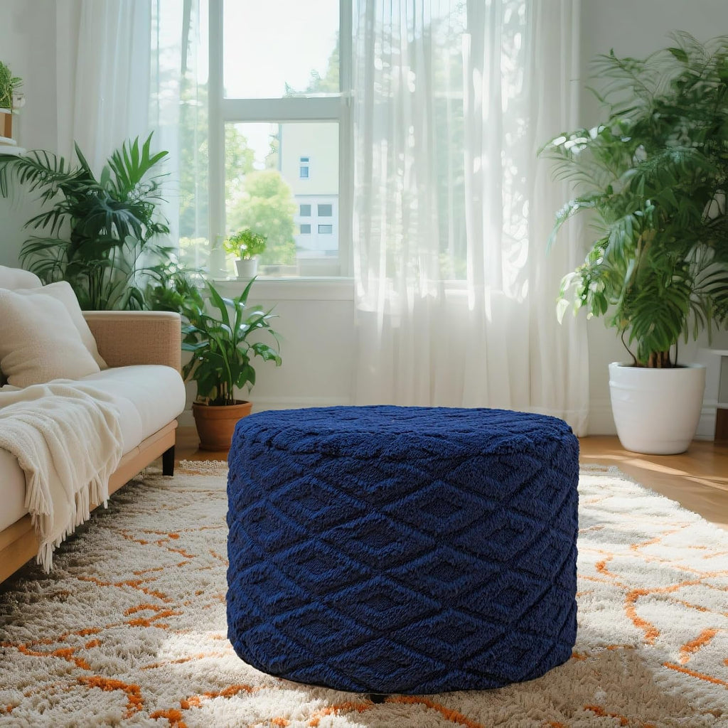 Round Ottoman Pouf, All-in-One Foam Filling Foot Rest 20x14In Navy | Stuffed Floor Pouf,Ottoman Foot Stool for Couch,Stuffed Pouf,Boho Floor Seating,Bean Bag Ottoman for Living Room Bedroom Dorm