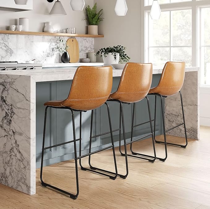 LEMBERI 30 inch Bar Stools Set of 3, Modern Counter Height Bar Stools, Faux L...