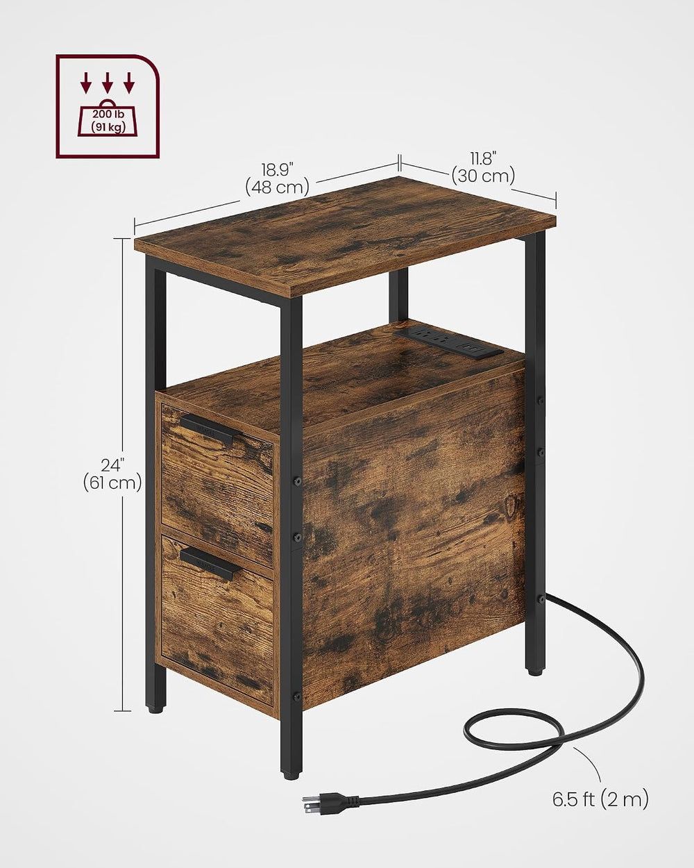 VASAGLE Side End Table with Charging Station, Slim Nightstand with 2 Drawers,...