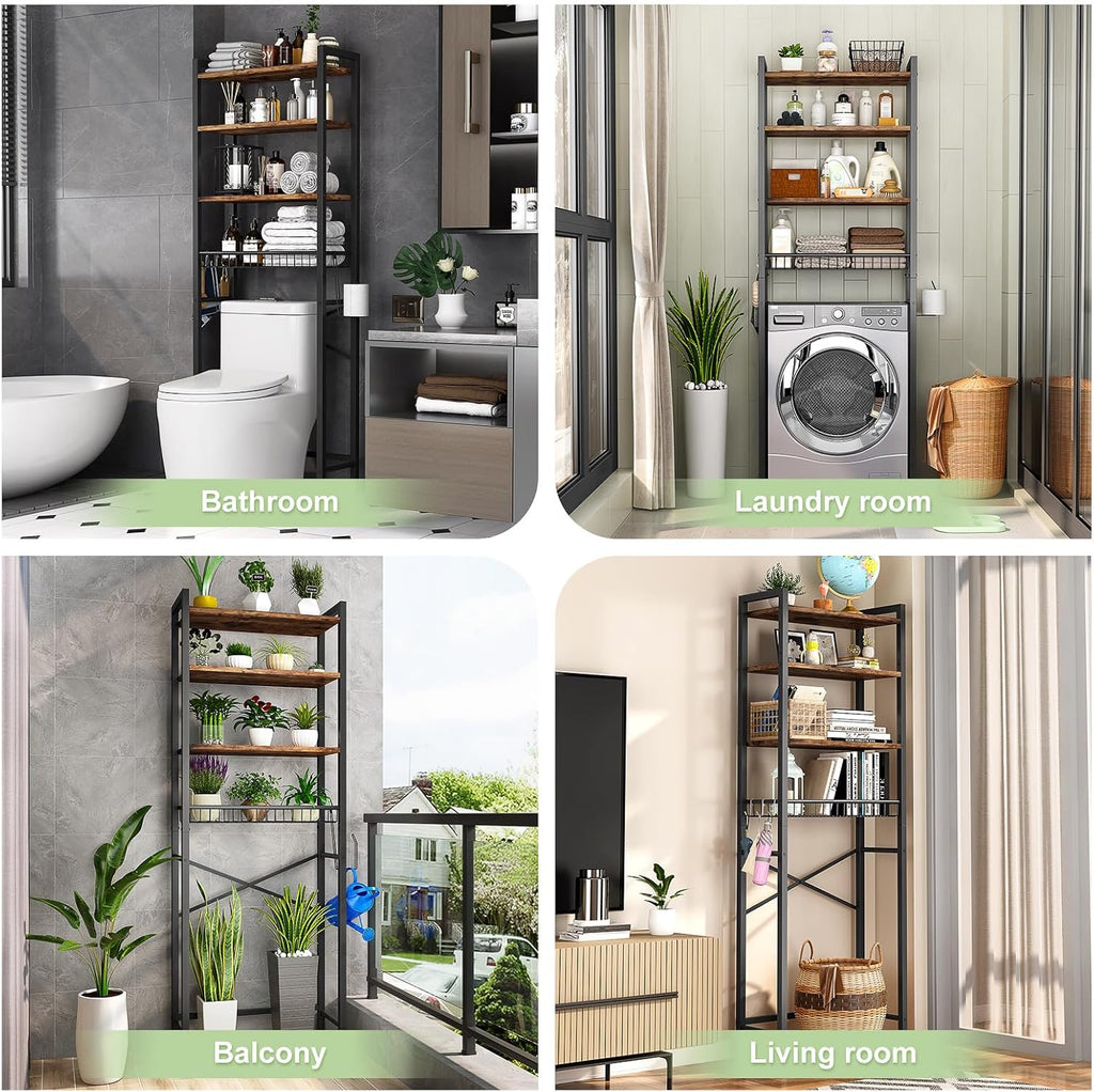 Over-The-Toilet Storage Rack, 4-Tier Bathroom Organizer Shelf Over Toilet with Adjustable Shelf and Basket, Freestanding Space Saver Bathroom Shelves Above Toilet for Room (Vintage Brown)
