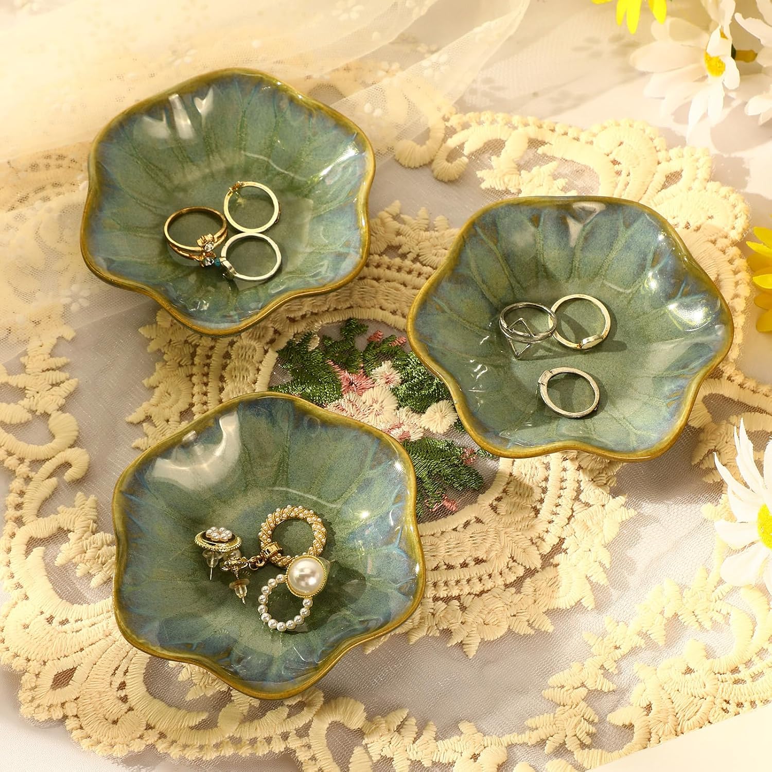 Teenyyou 8 Pcs Ceramic Jewelry Dish Bulk Trinket Jewelry Tray Lotus Leaf Small Ring Dish for Earrings, Rings, Key Bowl(Dark Green)
