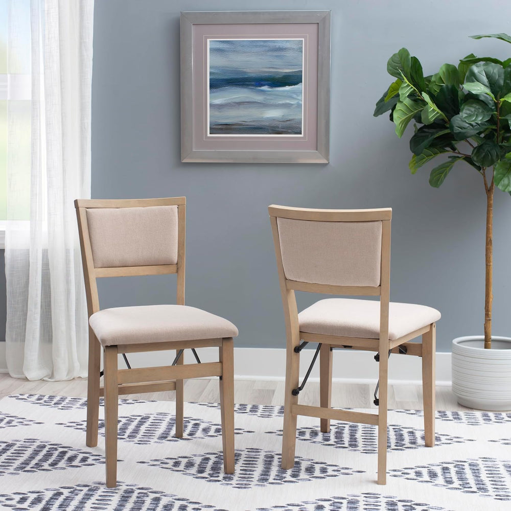 Linon Keira Natural Rustic Wooden Folding Chair with Beige Upholstered Seat a...