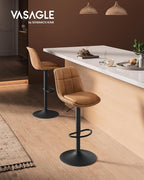 VASAGLE Bar Stools, Set of 2 Swivel Bar Chairs, Adjustable Height, Quilt, Synthetic Leather Kitchen Stools with Back and Footrest, Dining Room, Counter, Steel, Caramel Brown ULJB095K01