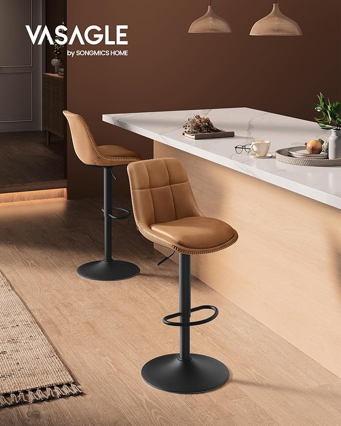 VASAGLE Bar Stools, Set of 2 Swivel Bar Chairs, Adjustable Height, Quilt, Synthetic Leather Kitchen Stools with Back and Footrest, Dining Room, Counter, Steel, Caramel Brown ULJB095K01